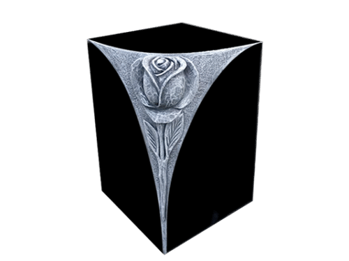 Design 17006 Urn w/ Rose 0-9x0-9x1-2 P5 Jet Black 6"x10" core hole, Carved rose, lid on bottom